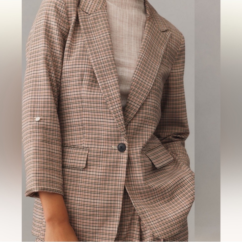 Anthropologie Maeve Plaid Roll-Sleeve Blazer